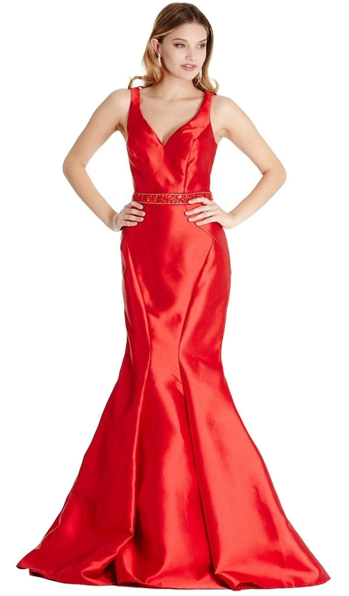 Embellished V-neck Mermaid Evening Dress Evening Dresses XXS / Red