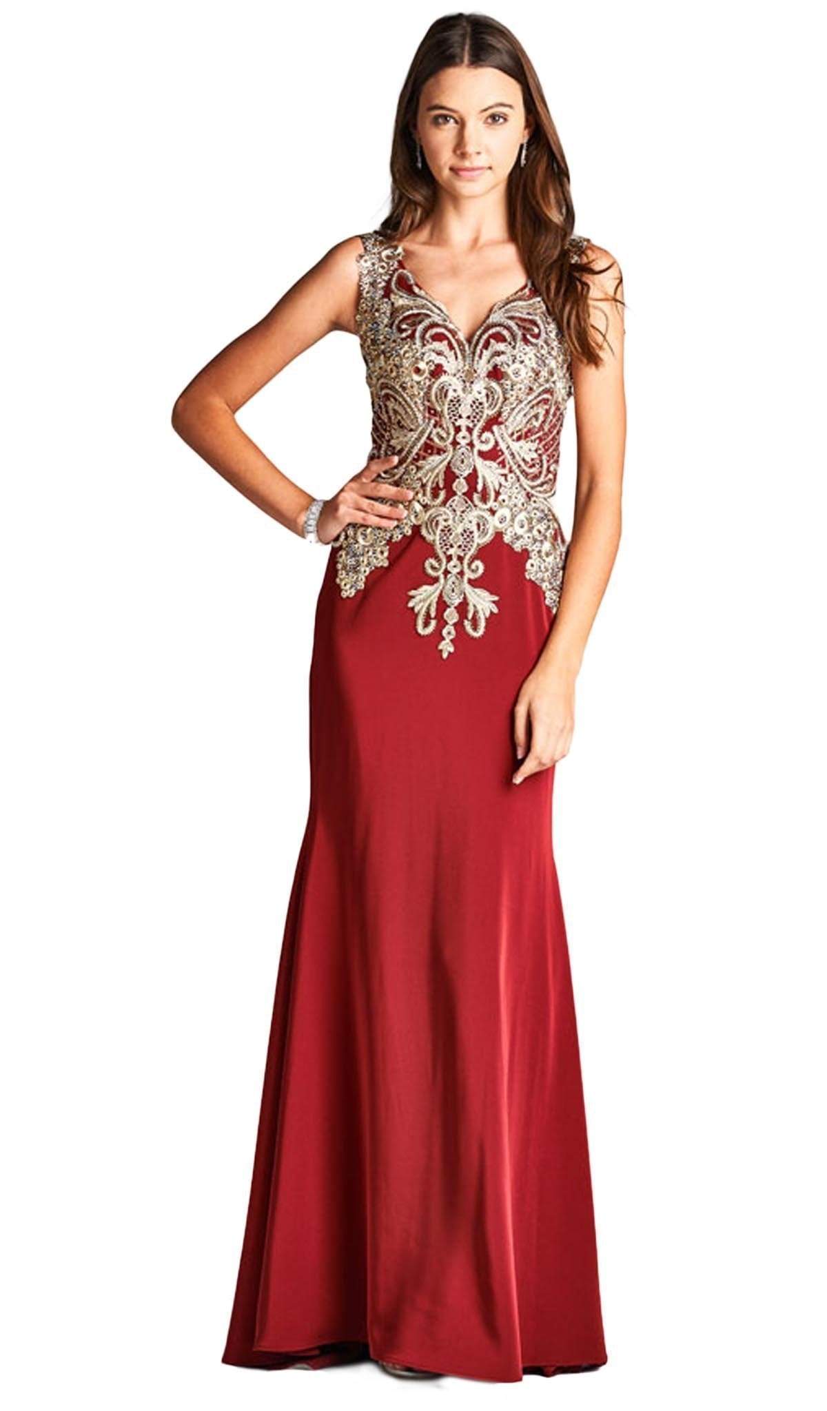 Trevi Collection - Sleeveless Embroidered Prom Dress L1695 In Red