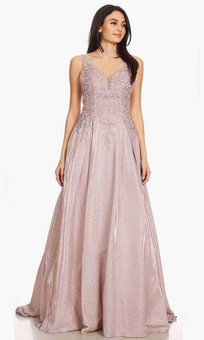 Eureka Fashion 9606 - V-Neck Lace Jersey Prom Gown Prom Dresses XL / Mocha