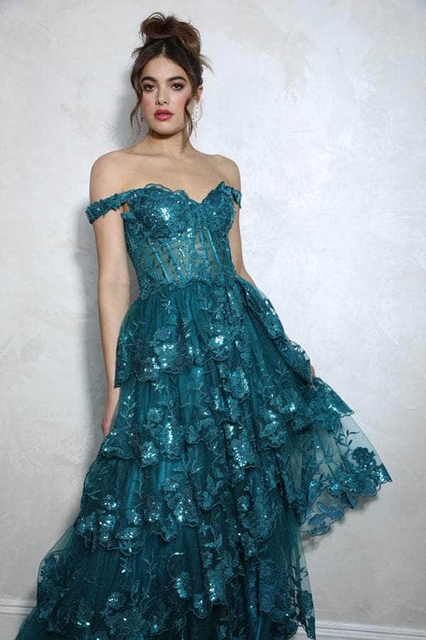 Eureka Fashion EK102 - Long Tulle A-Line Dress - Floral Sequin, Corset Boning, High Slit, Tiered Skirt, Sweep Train ADASA Eureka Fashion EK102 - Long Tulle A-Line Dress - Floral Sequin, Corset Boning, High Slit, Tiered Skirt, Sweep Train ADASA