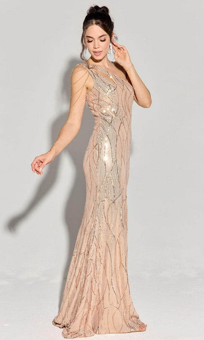 Eureka Fashion EK113 - Swirl Sequin Asymmetric Neck Evening Gown Prom Dresses