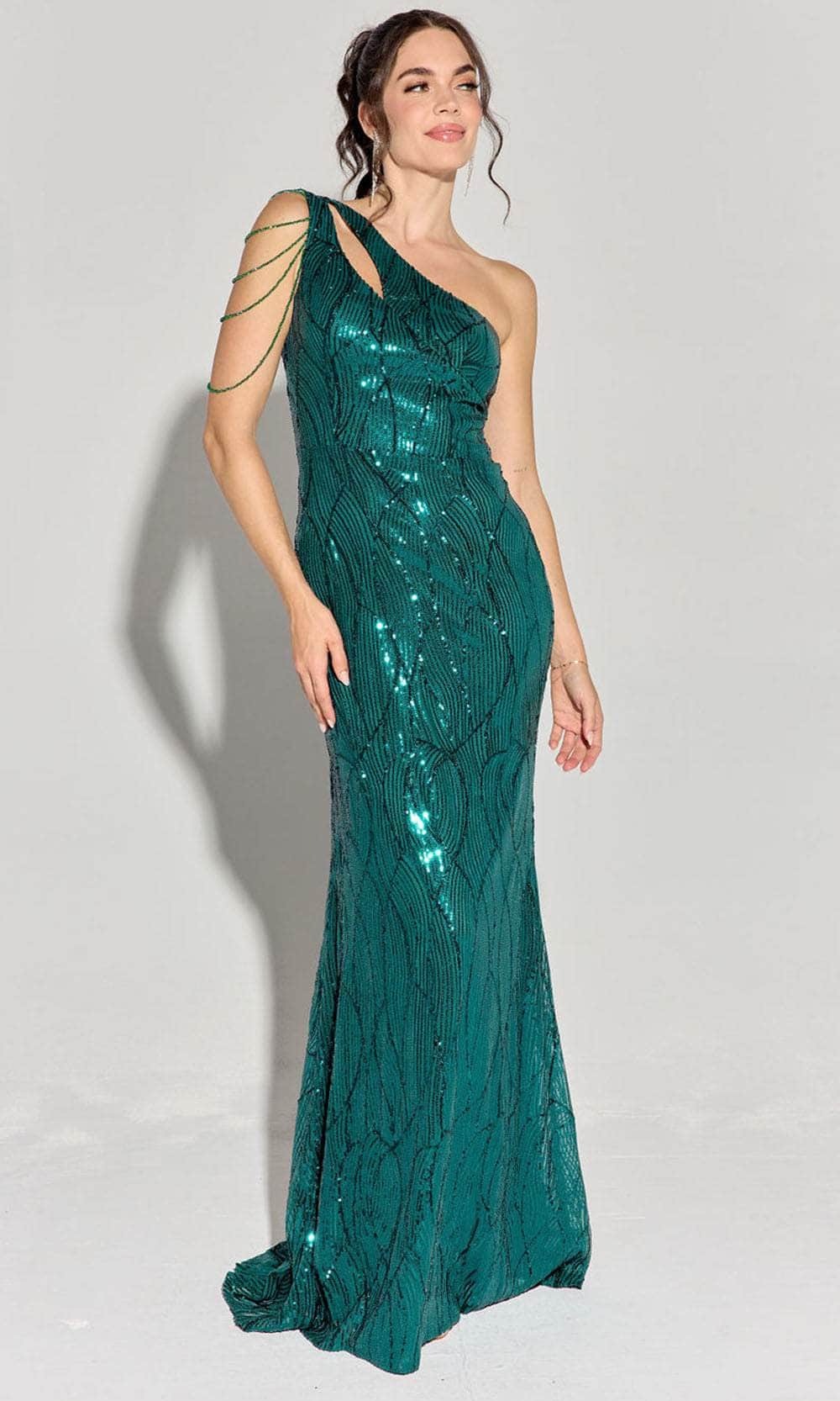 Eureka Fashion EK113 - Swirl Sequin Asymmetric Neck Evening Gown Prom Dresses
