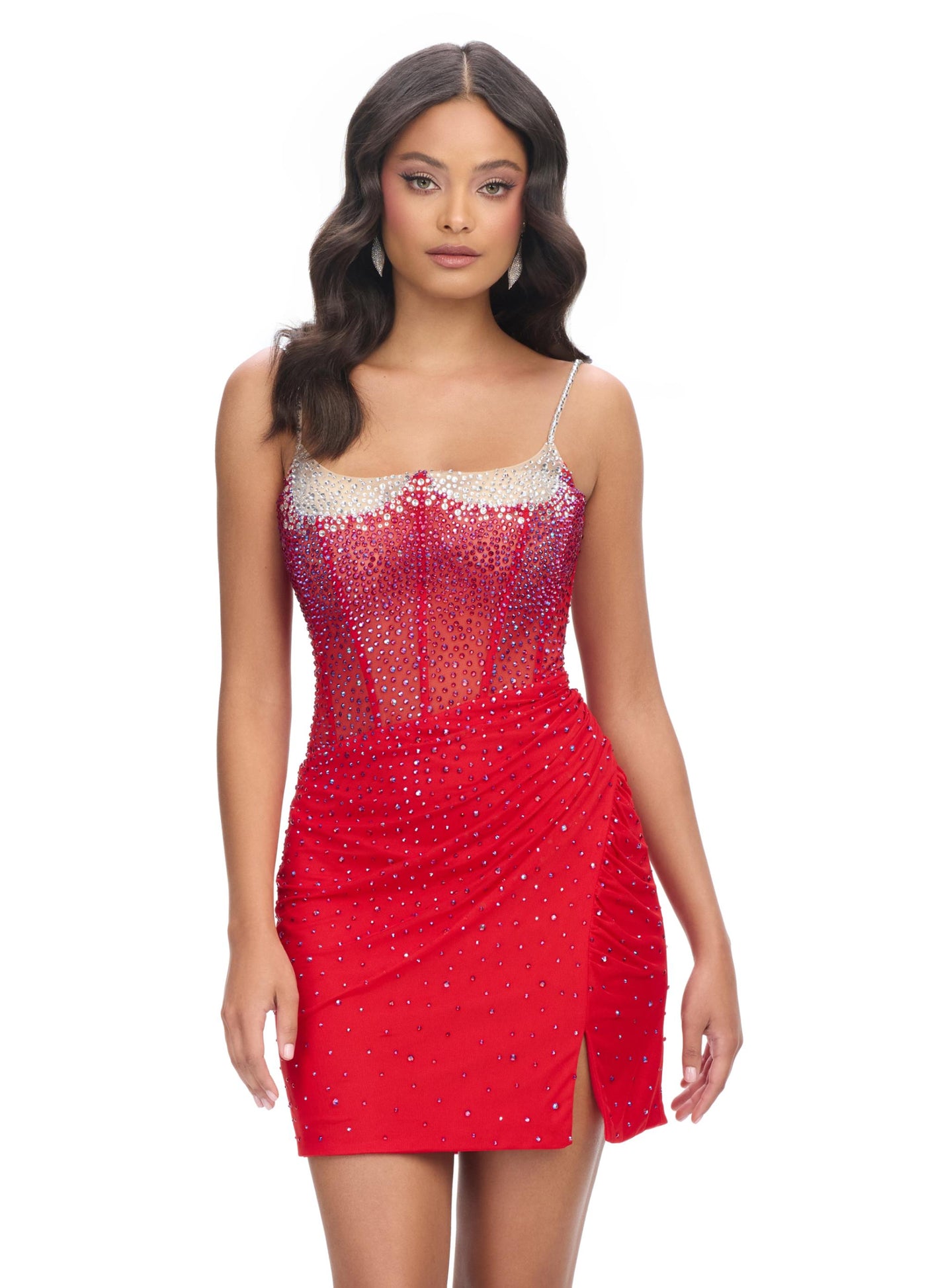 Ashley Lauren 4690 - Spaghetti Strap Dress with Slit In Red