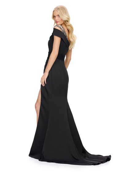 Ashley Lauren 11749 - Asymmetric Beaded Illusion Evening Gown In Black