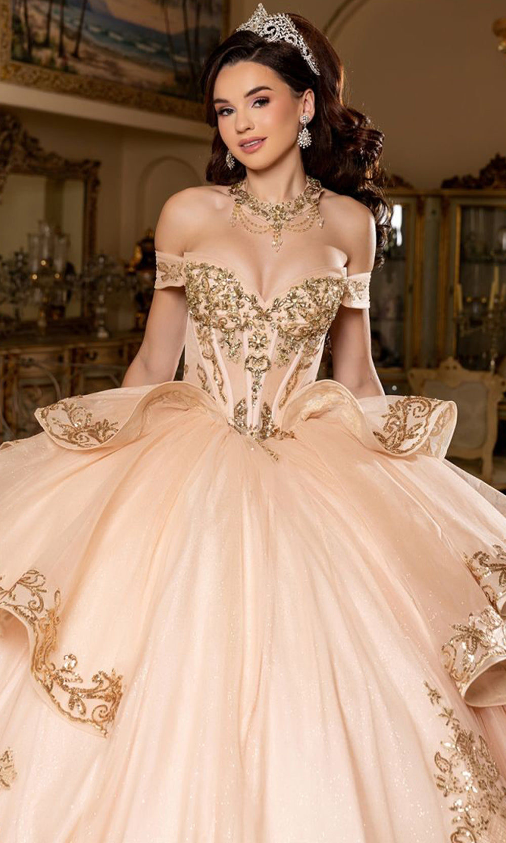 May Queen LK303 - Off Shoulder Embroidered Ballgown Quinceanera Dresses in Champagne Gold
