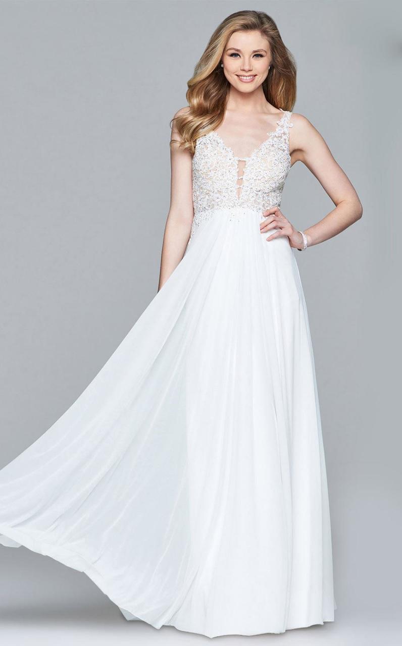 Faviana - 8000 Lace Appliqued Long Mesh V-Neck Dress Prom Dresses 0 / Ivory