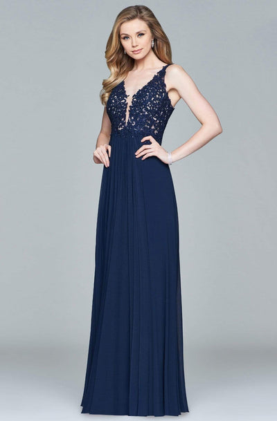 Faviana - 8000 Lace Appliqued Long Mesh V-Neck Dress Prom Dresses