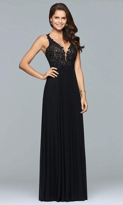 Faviana - 8000 Lace Appliqued Long Mesh V-Neck Dress Prom Dresses