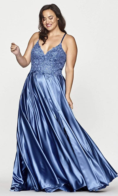 Faviana - 9498 Spaghetti Strap A-Line Gown Prom Dresses 12W / Steel Blue