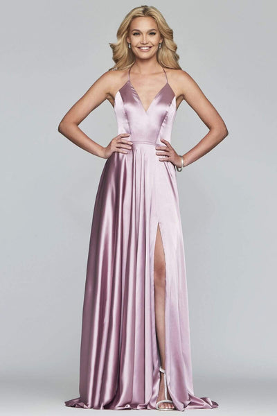 Faviana - S10209 Lace Up Back Satin V Neck Dress Evening Dresses 00 / Deep Mauve