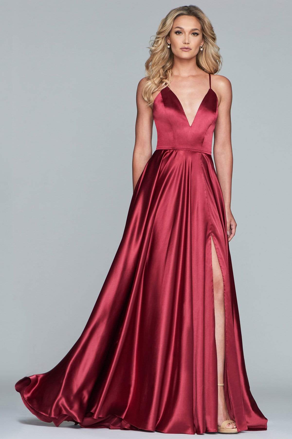 Faviana - S10209 Lace Up Back Satin V Neck Dress Evening Dresses 00 / Wine