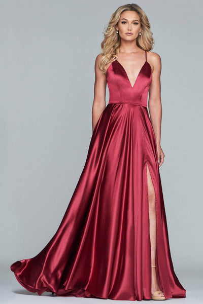 Faviana - S10209 Lace Up Back Satin V Neck Dress Evening Dresses 00 / Wine