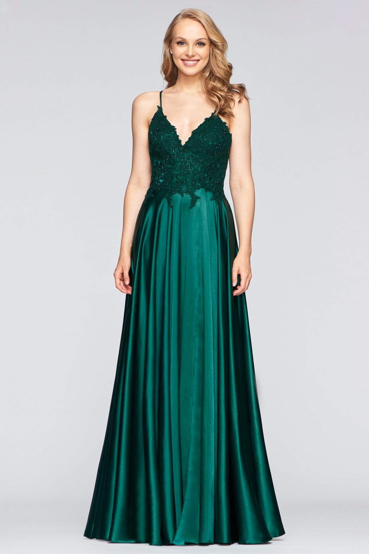 Faviana - S10400 Beaded Lace V Neck Flowy Satin Gown Prom Dresses 00 / Deep Green