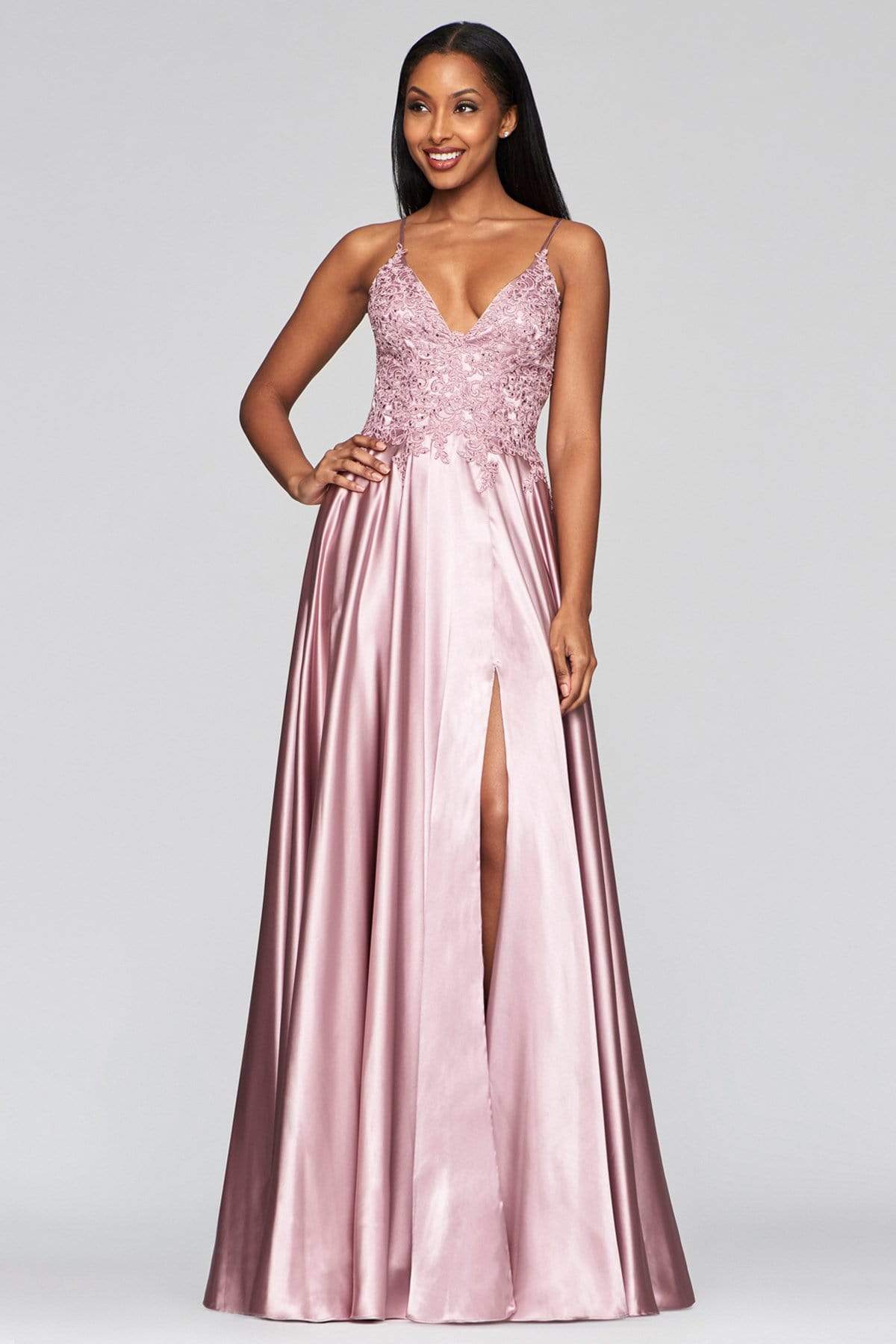 Faviana - S10400 Beaded Lace V Neck Flowy Satin Gown Prom Dresses 00 / Deep Mauve