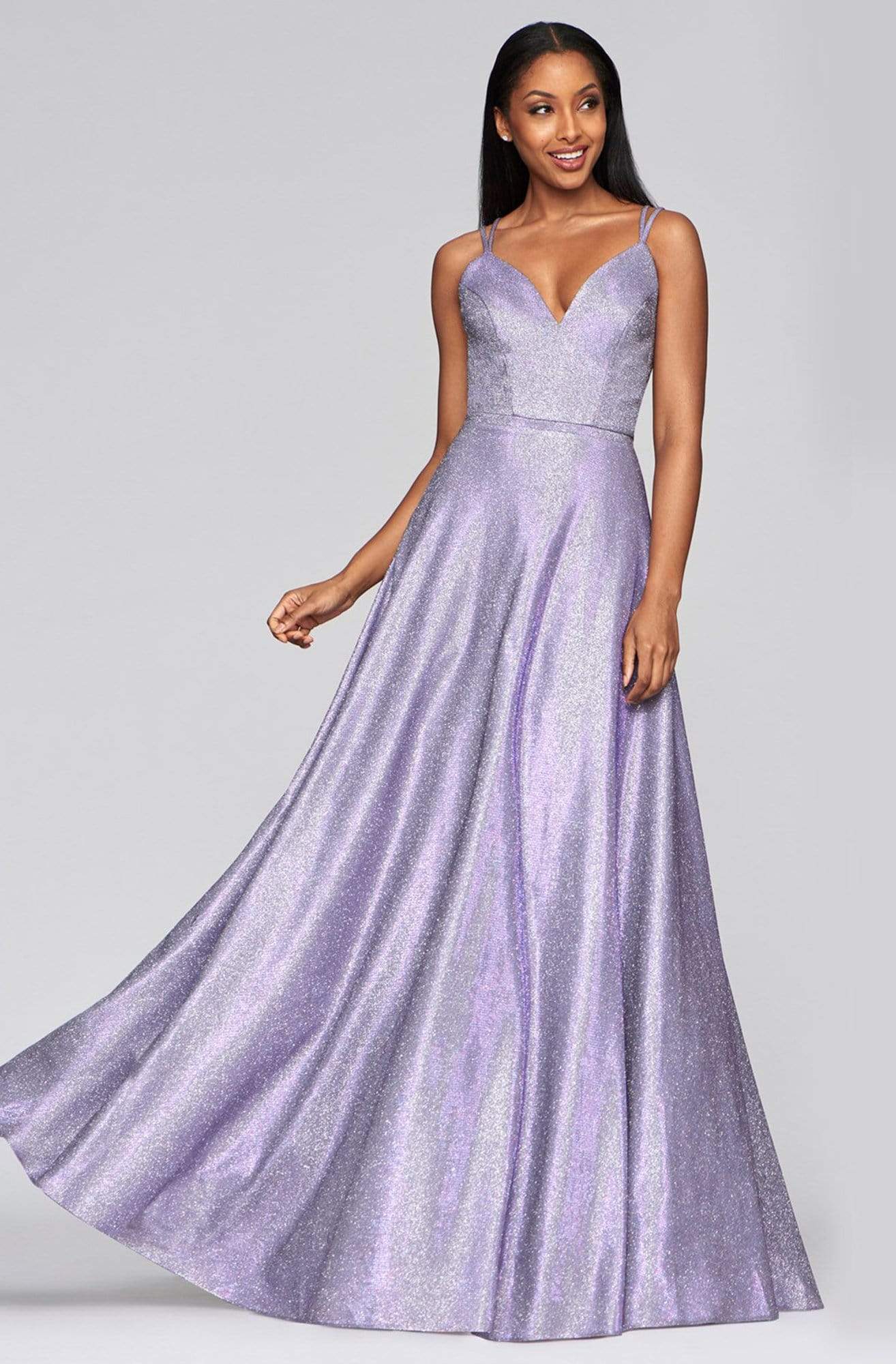 Faviana - S10424 Plunging V-neck Glitter Jersey A-line Gown Prom Dresses 00 / Lavender