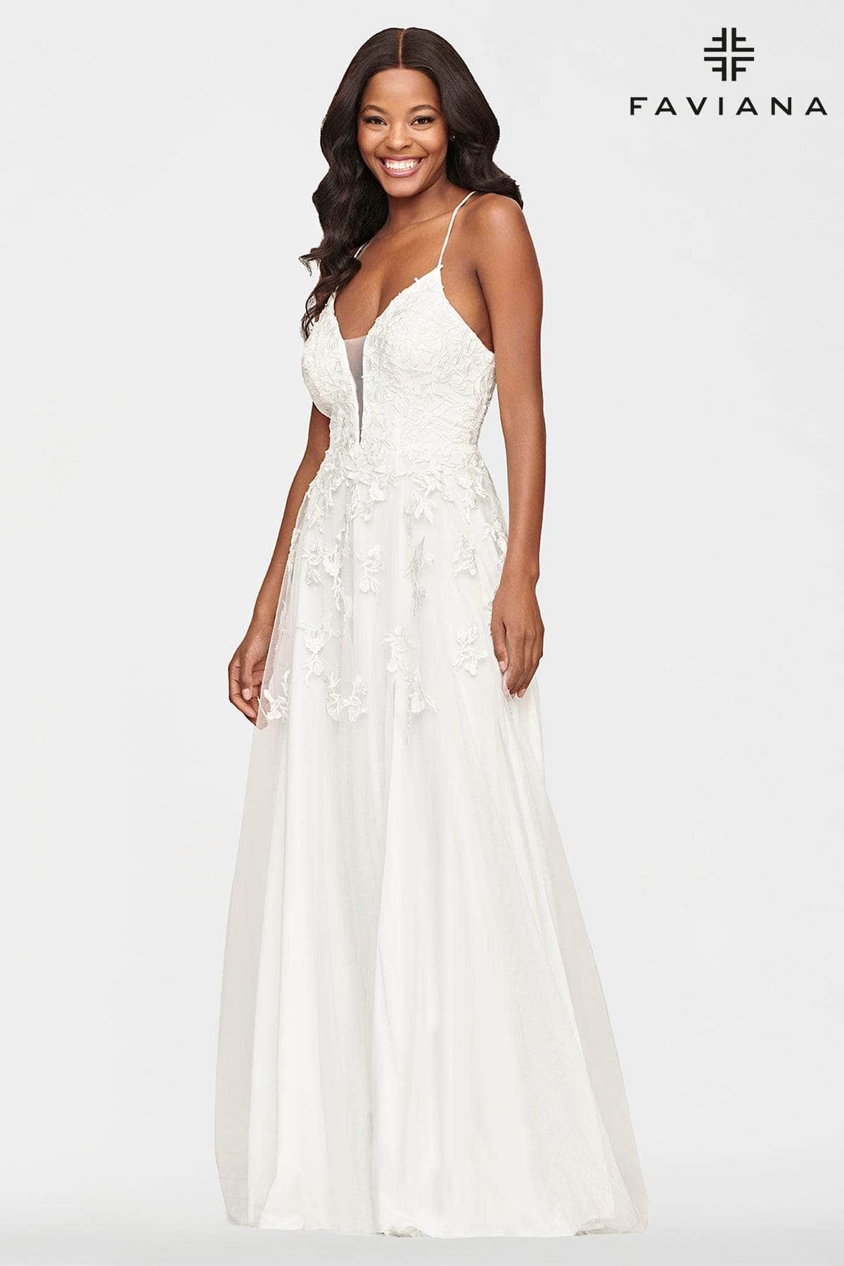 Faviana S10640 - Long Tulle Lace A-Line Dress - Beaded, Spaghetti Straps, Lace Appliques, High Slit, Lace Up Back, Sweep Train ADASA Faviana S10640 - Long Tulle Lace A-Line Dress - Beaded, Spaghetti Straps, Lace Appliques, High Slit, Lace Up Back, Sweep Train ADASA