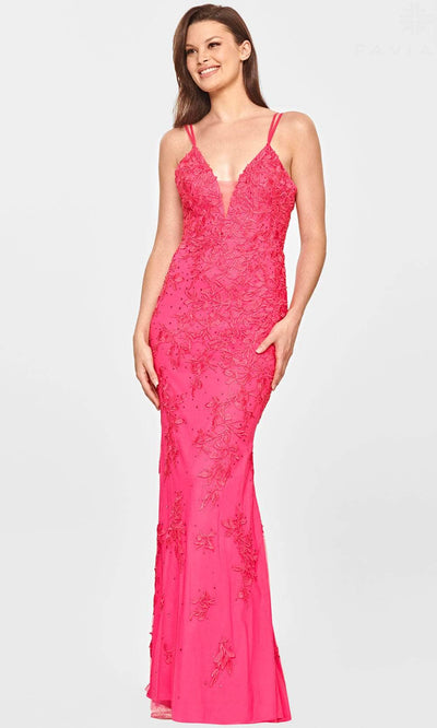 Faviana S10813 - Laced V-Neck Evening Dress Evening Dresses 00 / Hot Pink