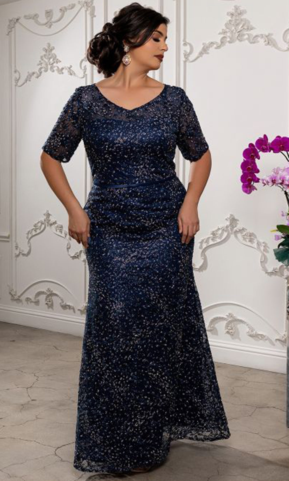 May Queen RQ8246 - Embellished Lace V-Neck Long Formal Gown