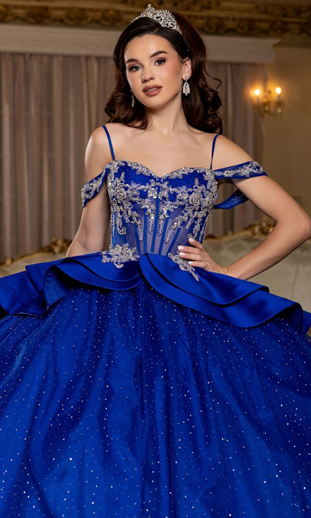 May Queen LK301 - Off Shoulder Embellished Ballgown Quinceanera Dresses in Royal 