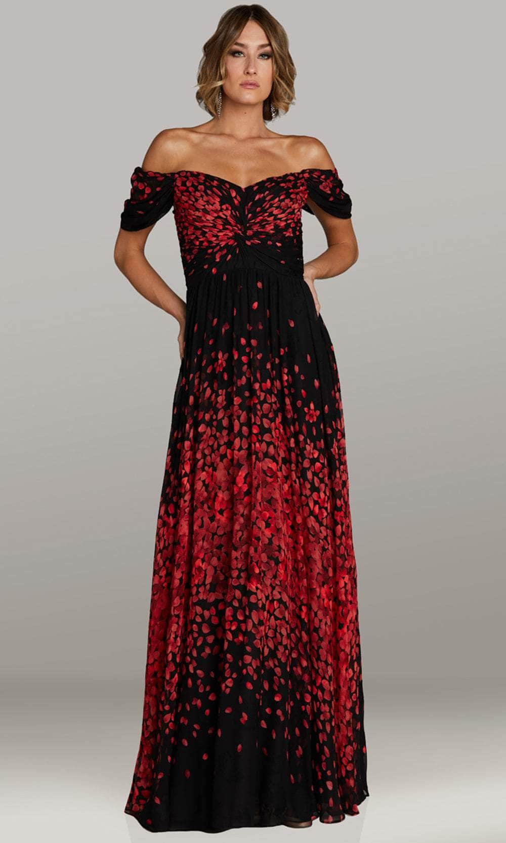 Feriani Couture 18408 - Printed Off Shoulder Evening Dress Mother of the Bride Dresses 6 / Blk/Red