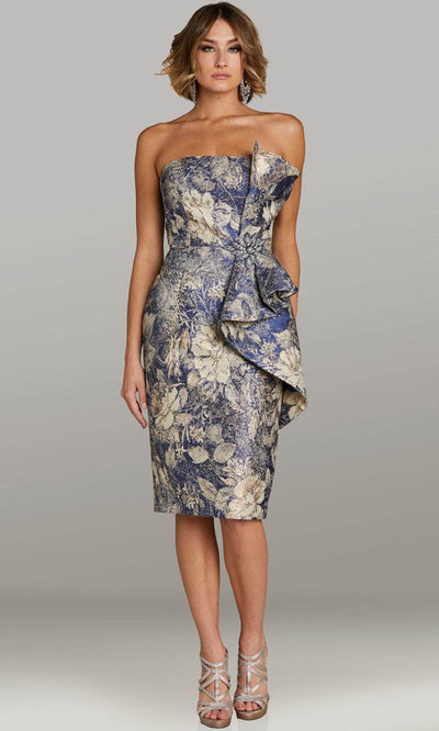 Feriani Couture 18409 - Strapless Floral Print Cocktail Dress Evening Dresses 6 / BlueGold