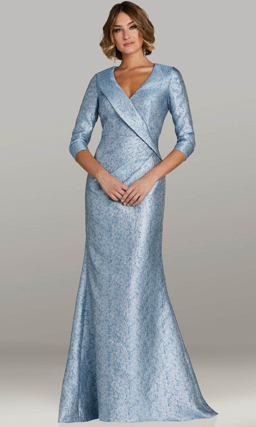 Feriani Couture 18439 - Quarter Sleeve Textured Evening Gown Mother of the Bride Dresses 6 / Blue