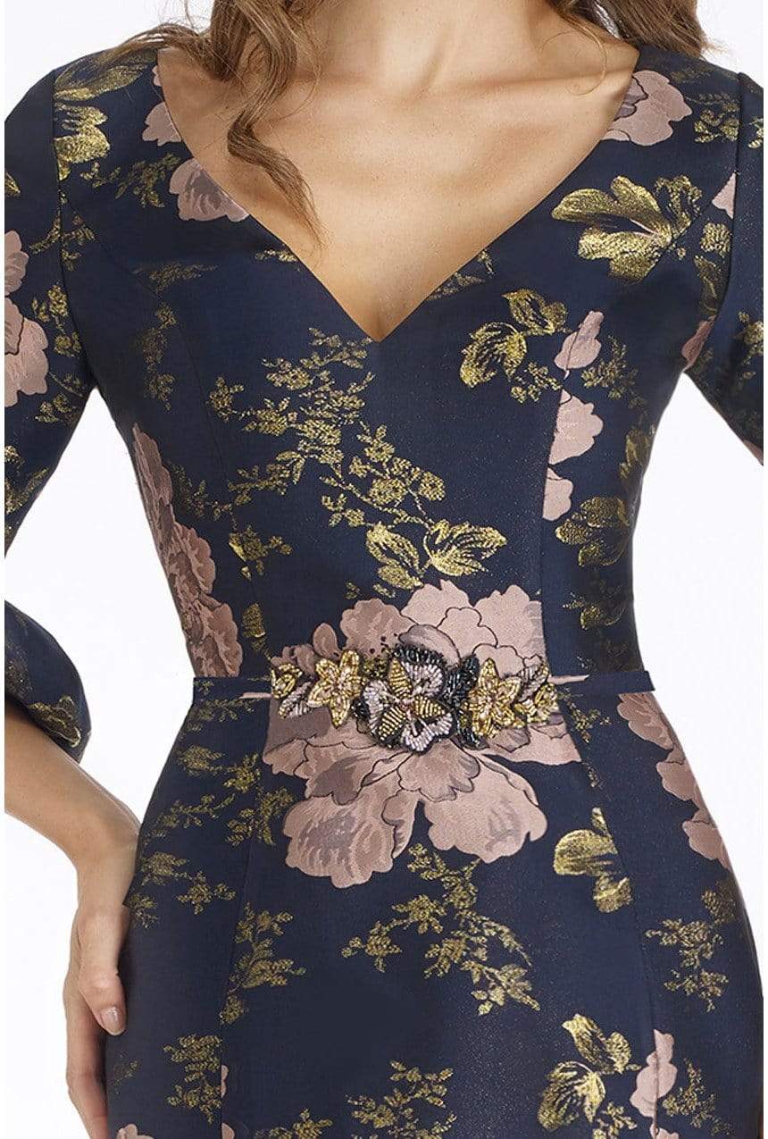 Feriani Couture - 18905SH Floral Detailed V-neck Sheath Dress Wedding Guest