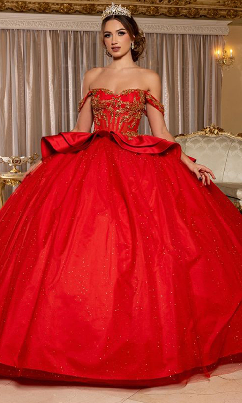 May Queen LK301 - Off Shoulder Embellished Ballgown Quinceanera Dresses in Red 
