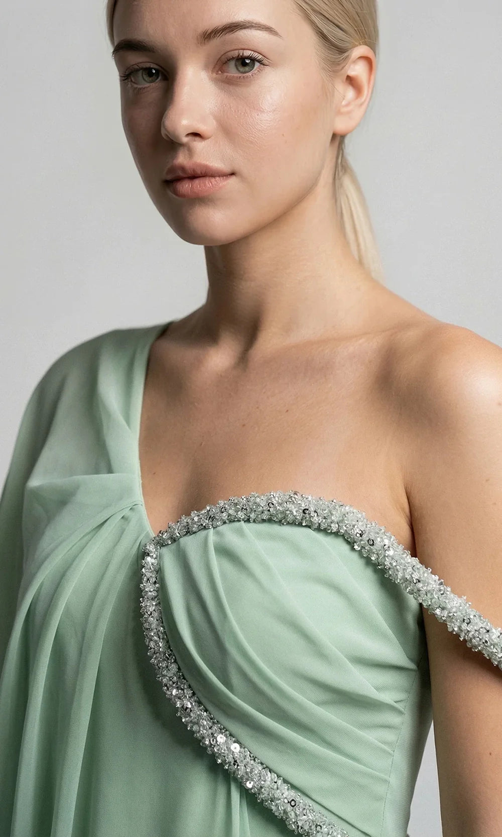 Gatti Nolli Couture OP-7919 - Asymmetric Draped Gown with Beaded Trim Prom Dresses in Green  