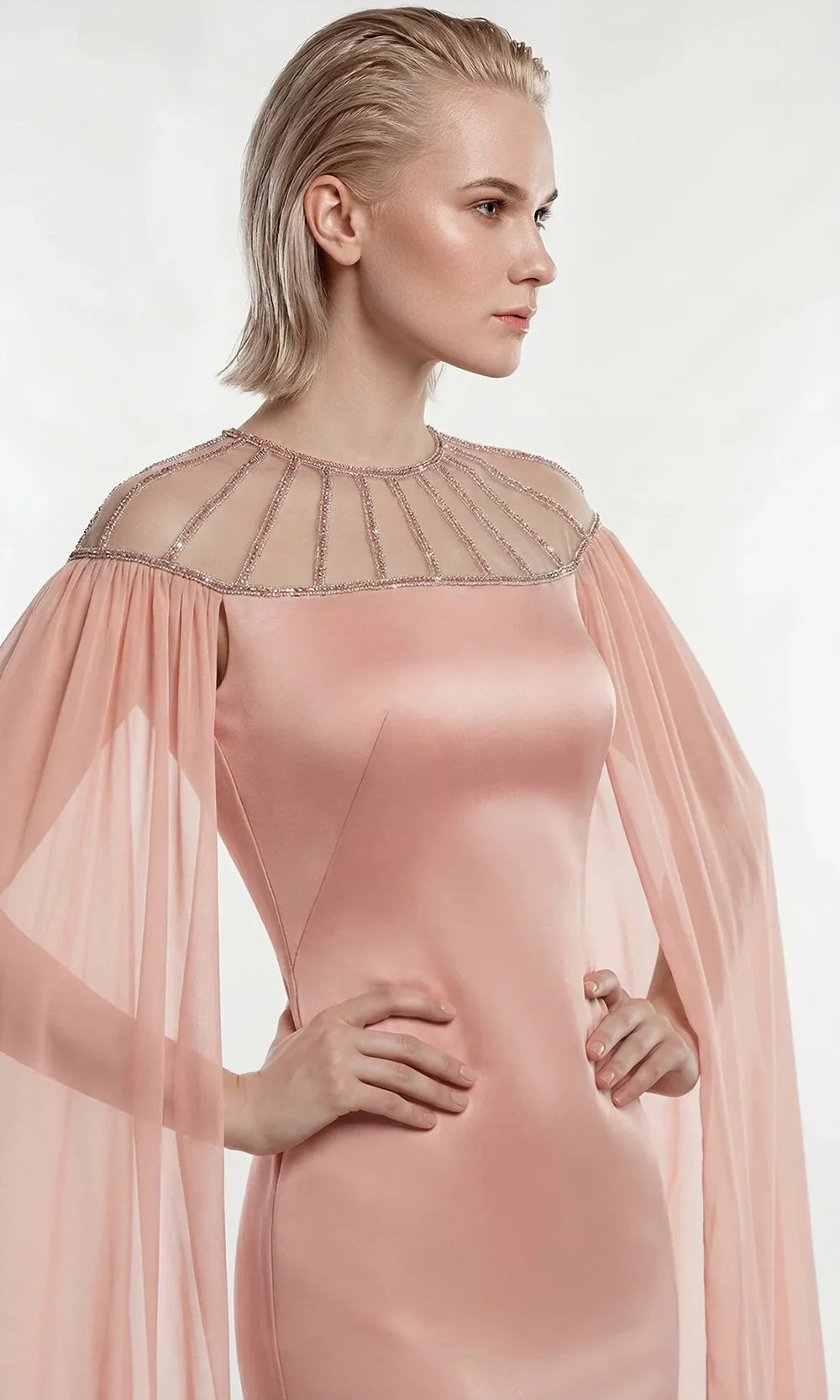 Gatti Nolli Couture OP-7896 - Chiffon Cape Sleeve Sheath Long Gown Mother of the Bride Dresses in Pink  