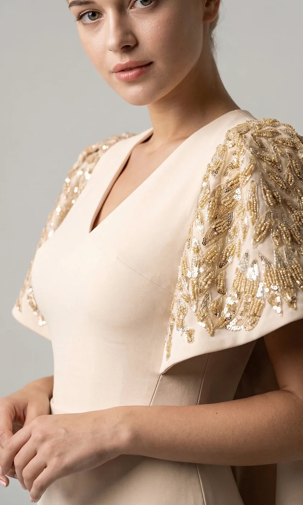 Gatti Nolli Couture OP-7915 - Beaded Ornate Column V-Neck Gown Mother Of The Bride Dresses in Natural  