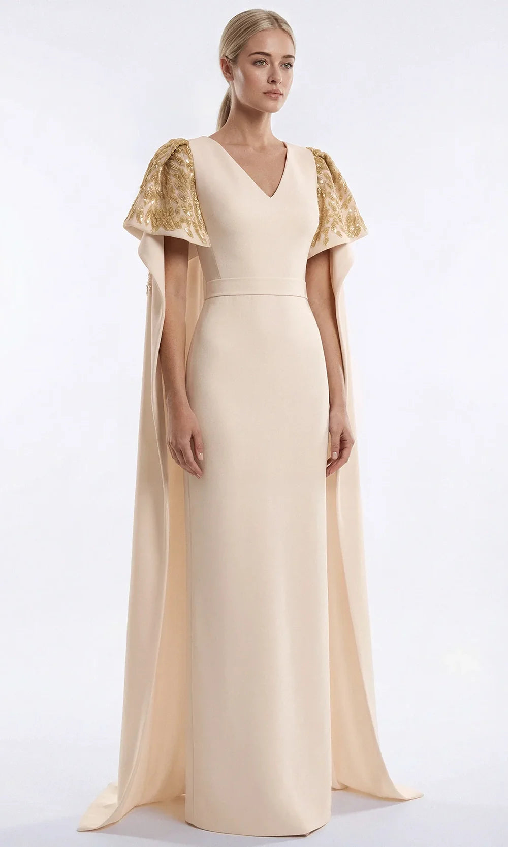 Gatti Nolli Couture OP-7915 - Beaded Ornate Column V-Neck Gown Mother Of The Bride Dresses in Natural  