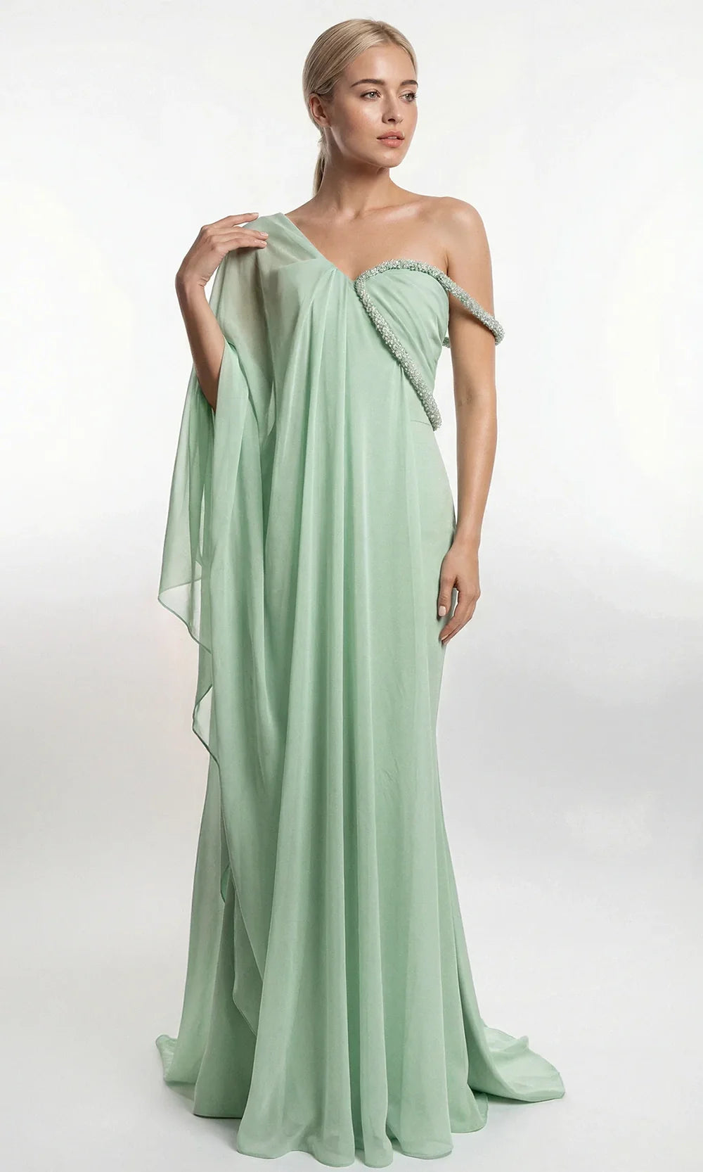 Gatti Nolli Couture OP-7919 - Asymmetric Draped Gown with Beaded Trim Prom Dresses in Green  