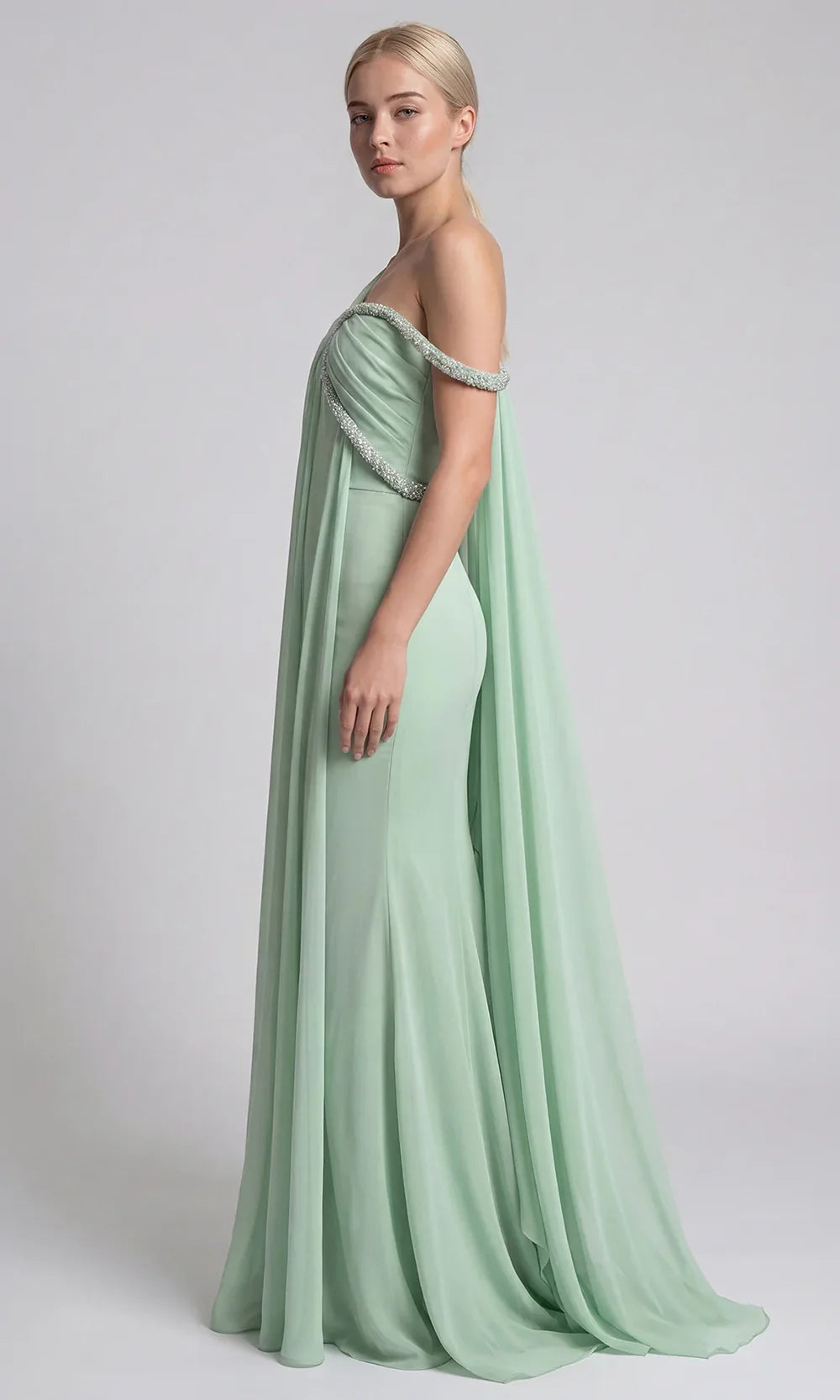 Gatti Nolli Couture OP-7919 - Asymmetric Draped Gown with Beaded Trim Prom Dresses in Green  