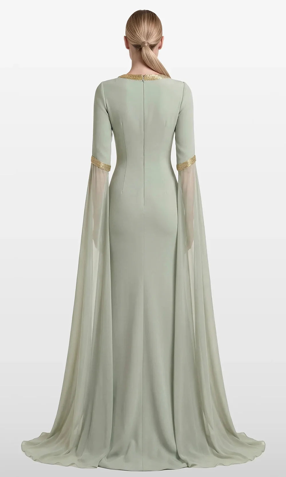 Gatti Nolli Couture OP-7923 - Plunging Neck Metallic Trim Sheath Gown Mother of the Bride Dress in Green