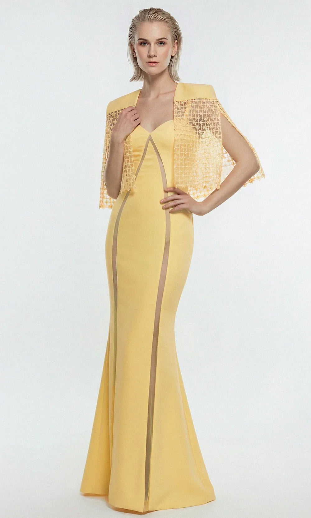 Gatti Nolli Couture OP-7910 - Guipure Lace Cape Sweetheart Evening Gown Pageant Dresses in Yellow  