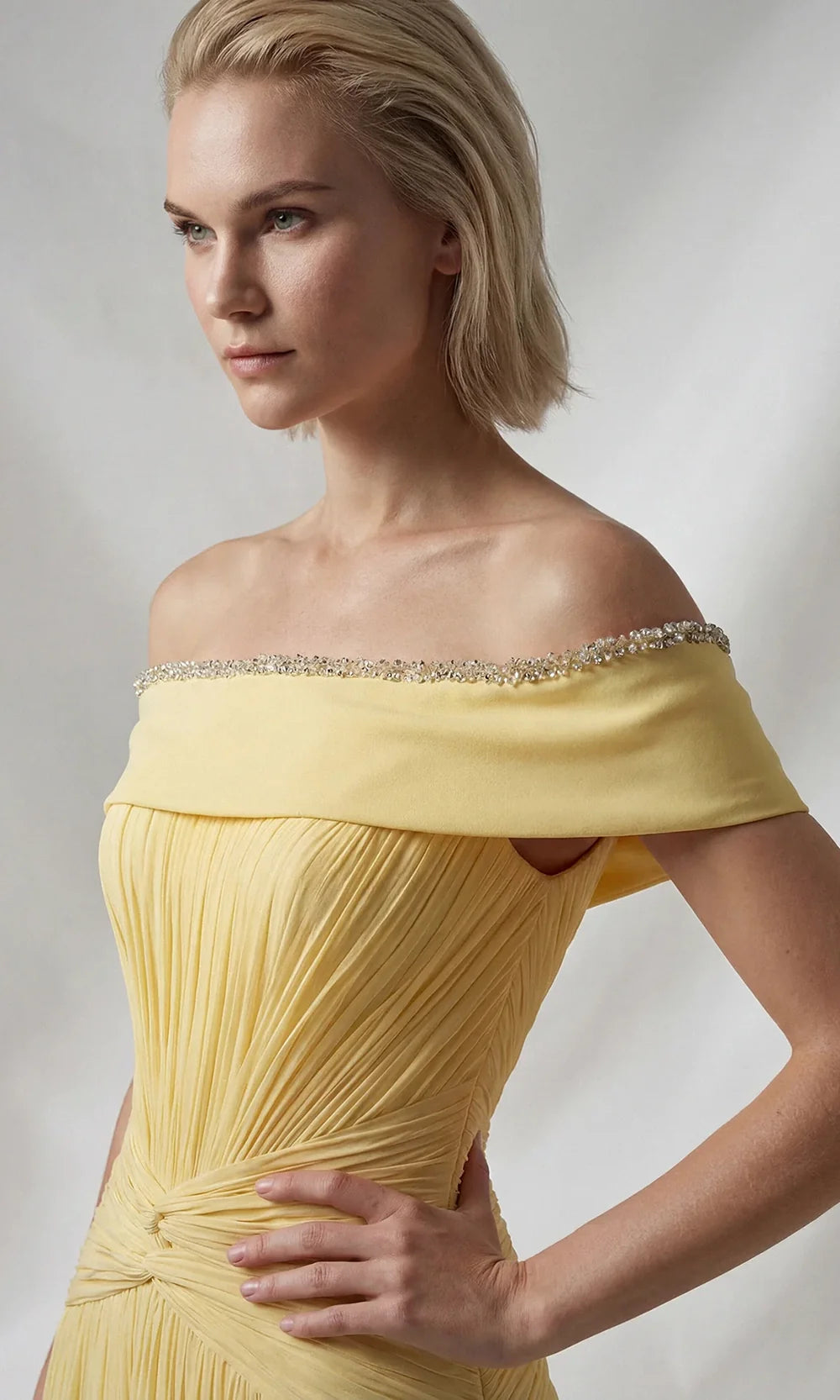 Gatti Nolli Couture OP-7909 - Pleated Chiffon Off Shoulder Gown Formal Gowns in Yellow  