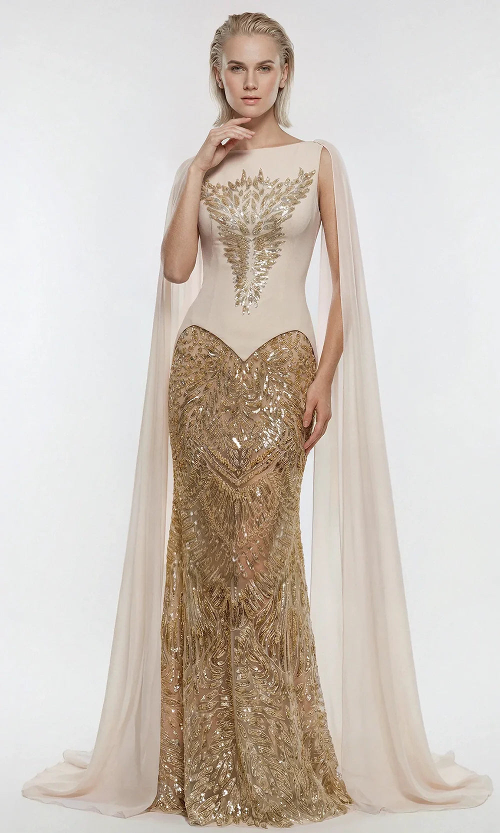 Gatti Nolli Couture OP-7875 - Bateau Neck Sparkle Sheath Gown Pageant Dresses in White and Gold
