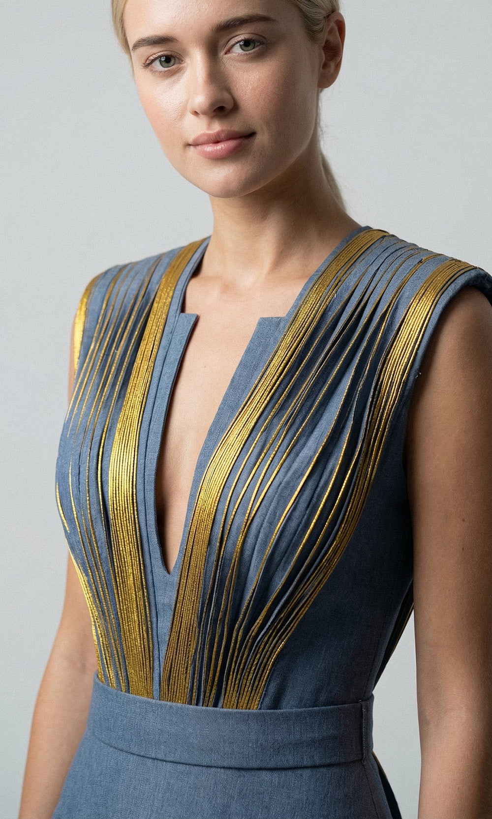 Gatti Nolli Couture OP-7874 - A-Line Pleated Panel Shantung Gown Evening Dresses in Blue and Gold