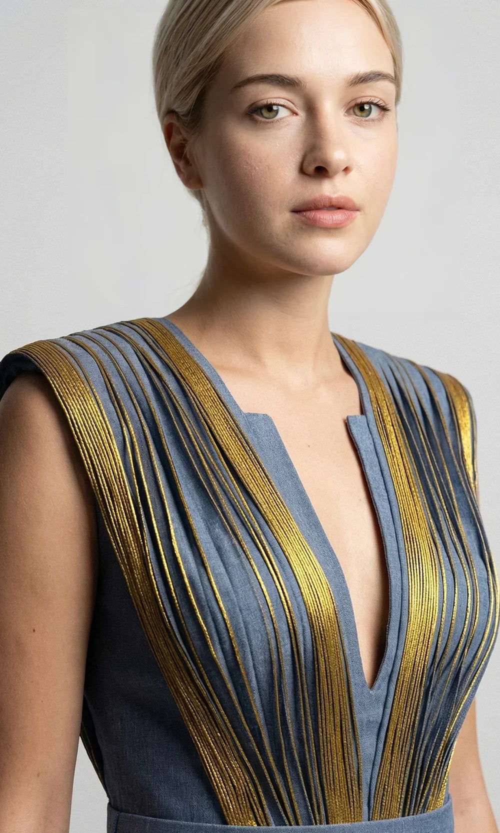 Gatti Nolli Couture OP-7874 - A-Line Pleated Panel Shantung Gown Evening Dresses in Blue and Gold