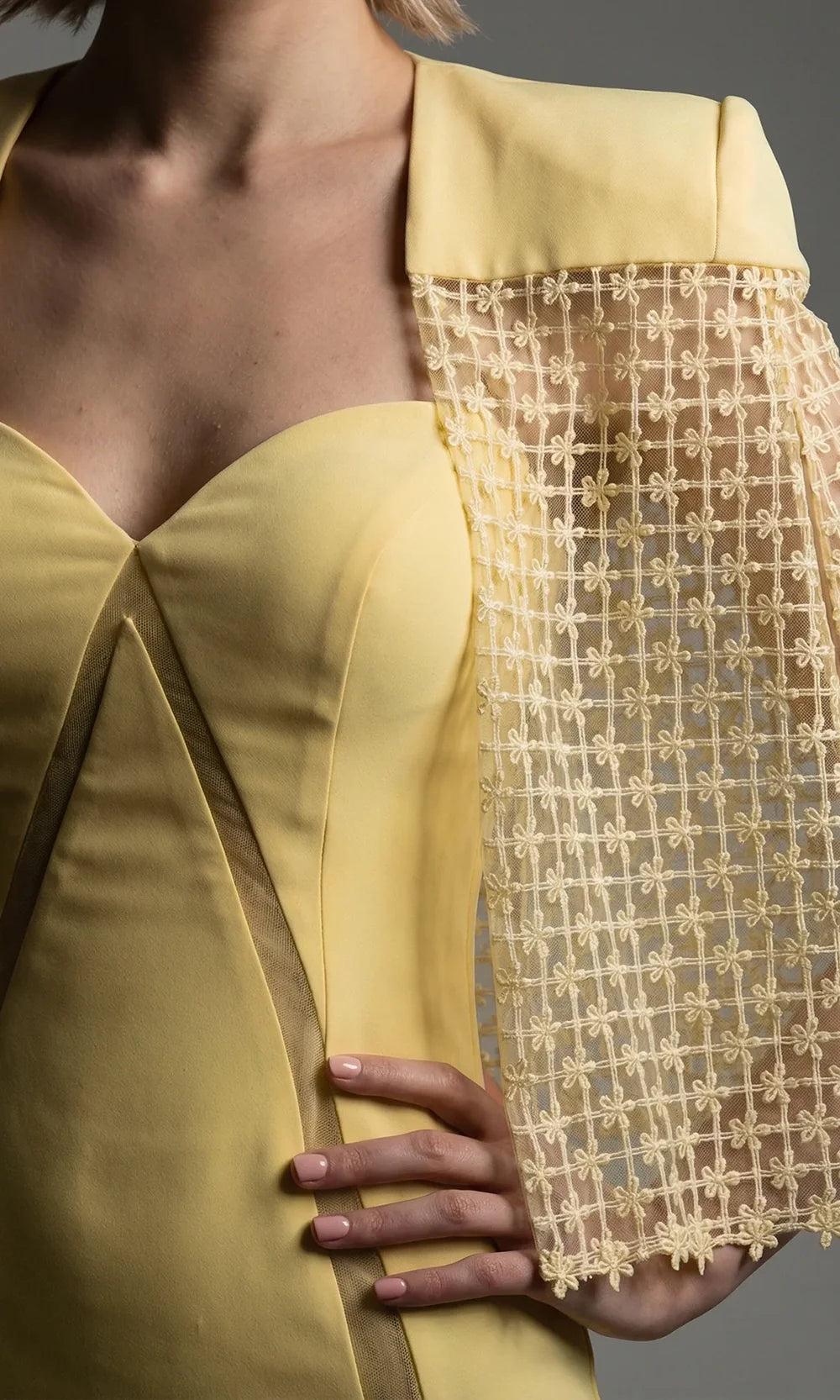 Gatti Nolli Couture OP-7910 - Guipure Lace Cape Sweetheart Evening Gown Pageant Dresses in Yellow  