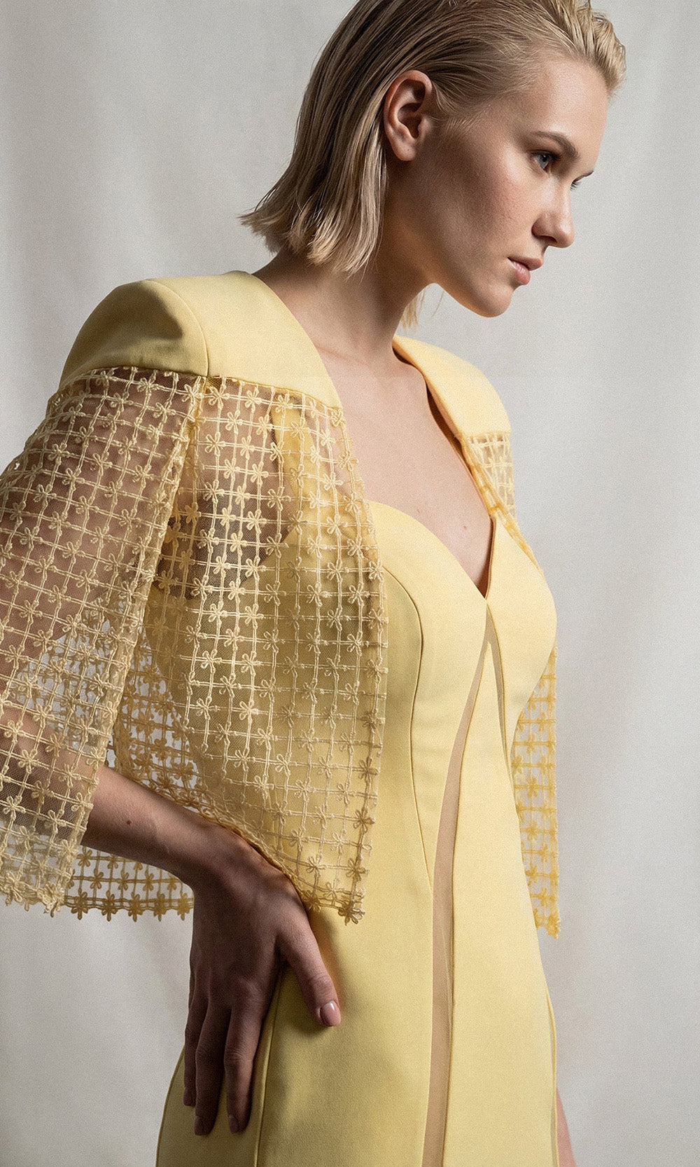 Gatti Nolli Couture OP-7910 - Guipure Lace Cape Sweetheart Evening Gown Pageant Dresses in Yellow  
