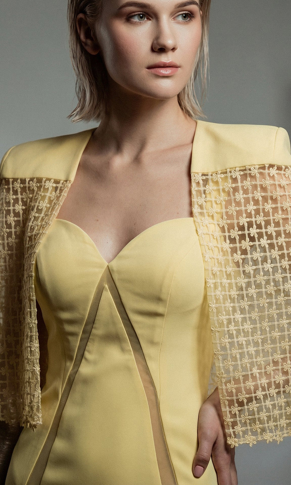 Gatti Nolli Couture OP-7910 - Guipure Lace Cape Sweetheart Evening Gown Pageant Dresses in Yellow  