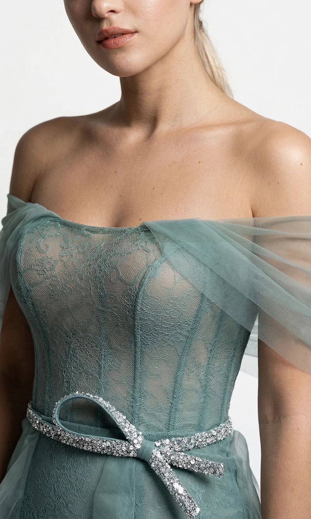 Gatti Nolli Couture OP-7913 - Cascading Ruffle Panel Lace Fitted Gown Formal Dresses in Green  