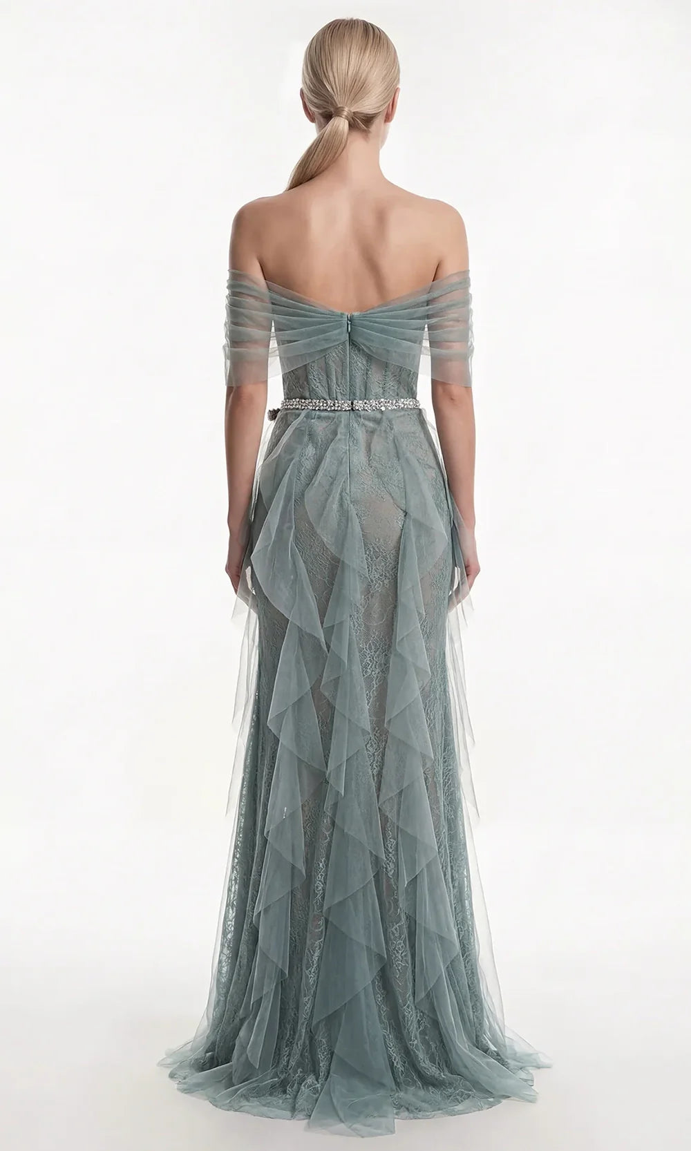Gatti Nolli Couture OP-7913 - Cascading Ruffle Panel Lace Fitted Gown Formal Dresses in Green  