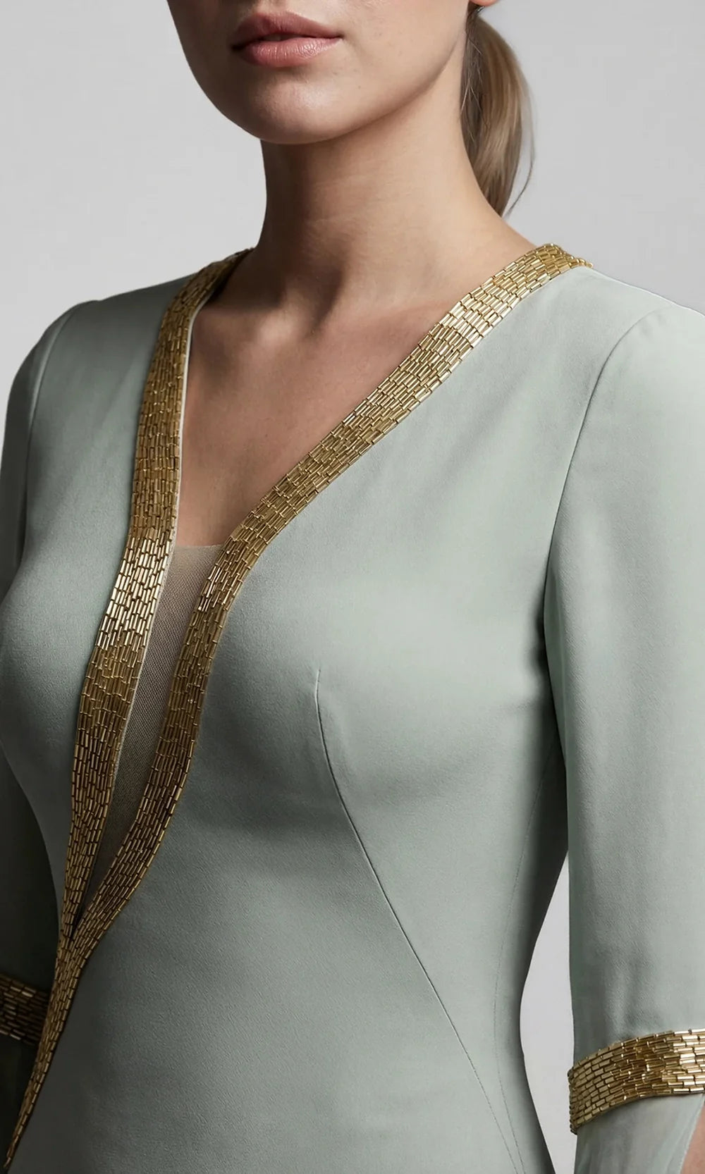 Gatti Nolli Couture OP-7923 - Plunging Neck Metallic Trim Sheath Gown Mother of the Bride Dress in Green