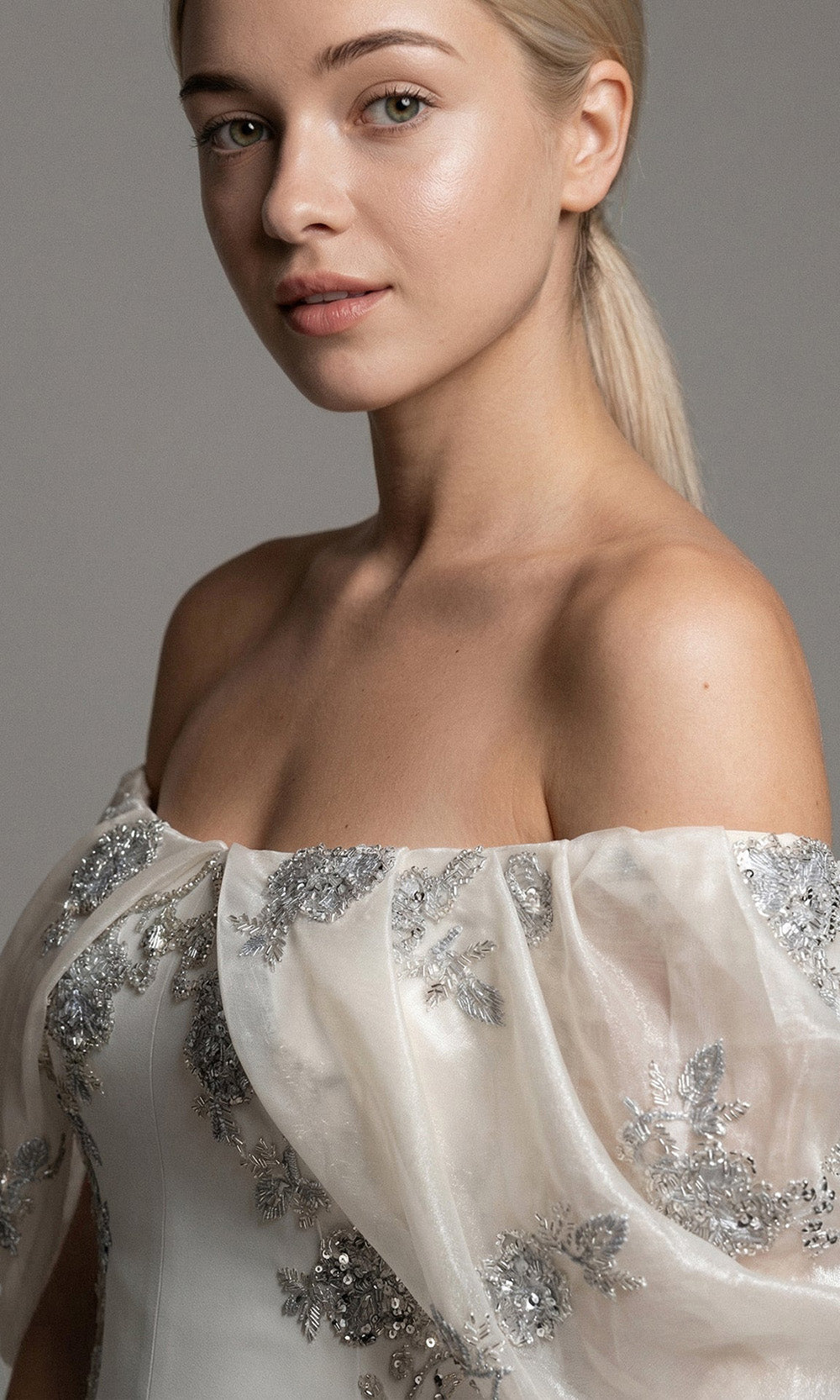 Gatti Nolli Couture OP-7865 - Draped Sleeve Embellished Sheath Gown Wedding Dresses in White  