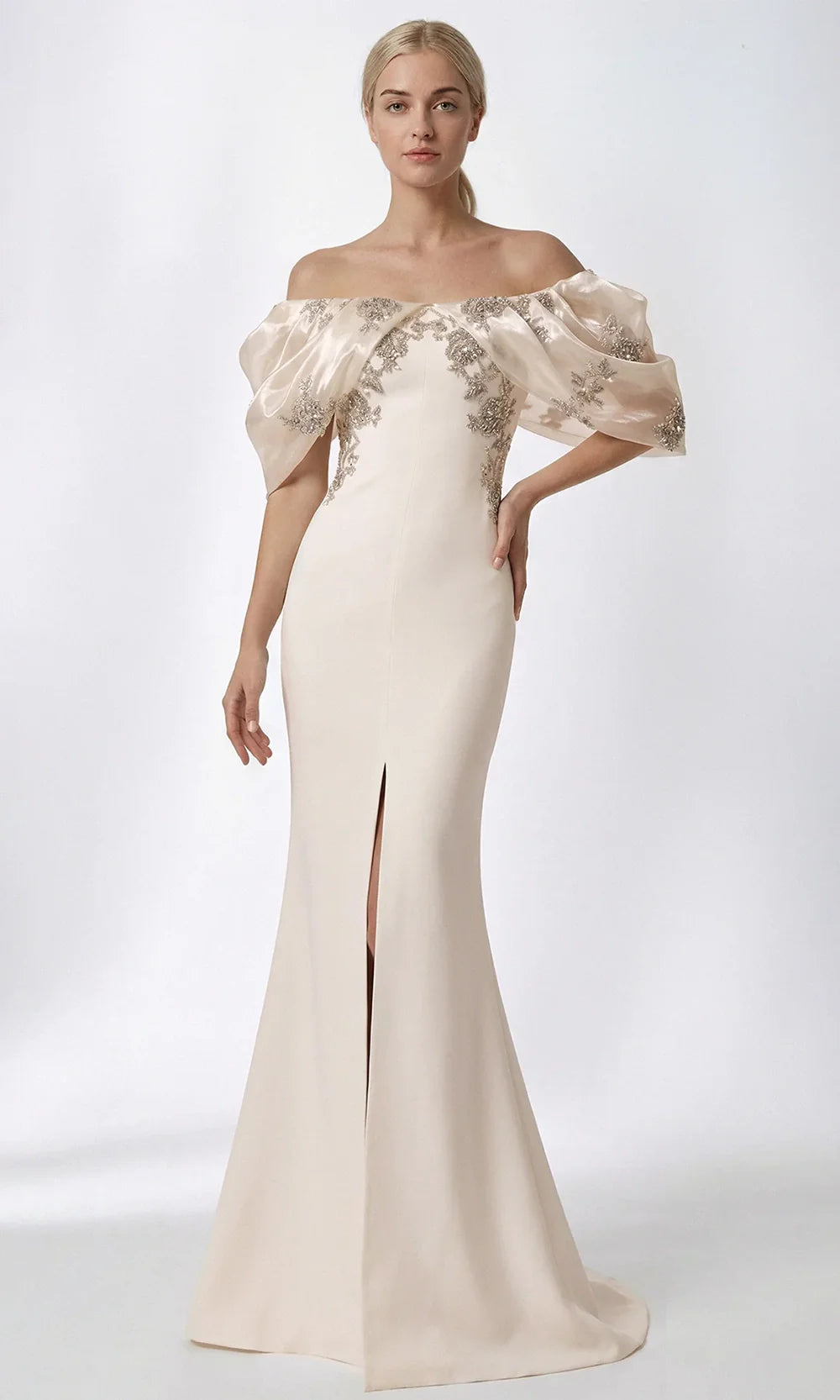 Gatti Nolli Couture OP-7865 - Draped Sleeve Embellished Sheath Gown Wedding Dresses in White  