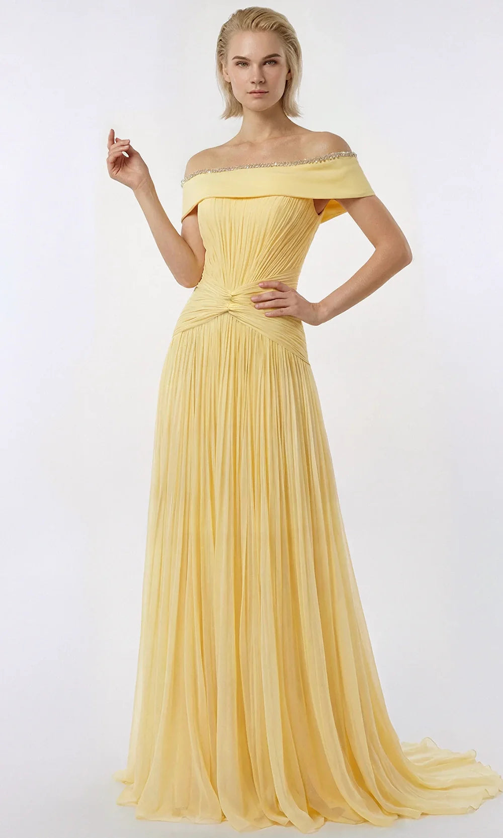 Gatti Nolli Couture OP-7909 - Pleated Chiffon Off Shoulder Gown Formal Gowns in Yellow  