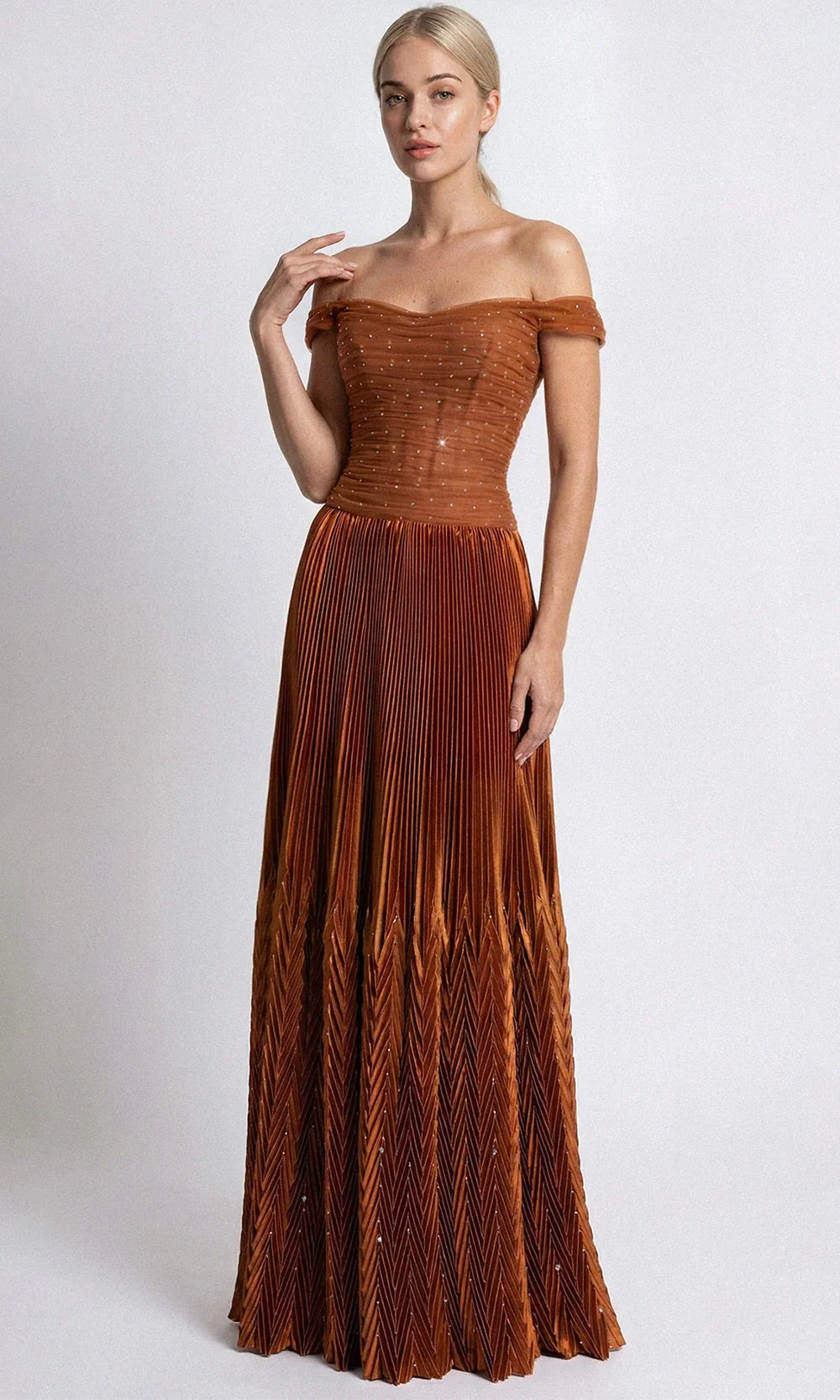 Gatti Nolli Couture OP-7862 - Crystal Embellished Pleated Long Gown Evening Dresses in Brown  